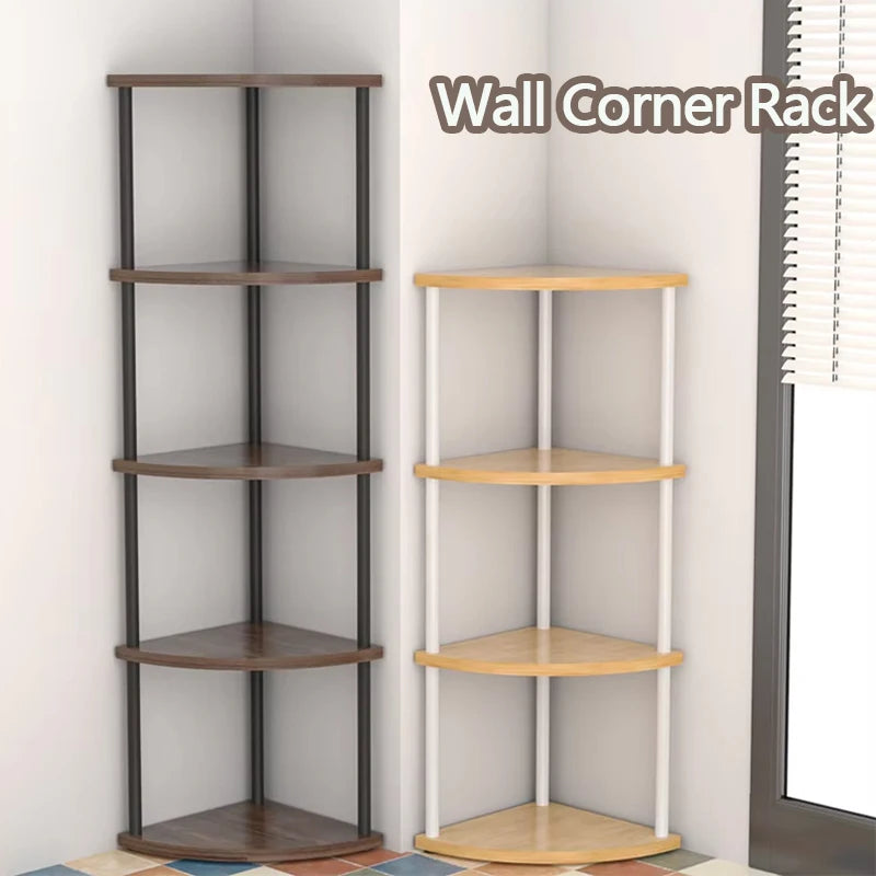 étagère d'angle murale bois moderne brun foncé rangement livres décorations plantes chambre salon minimaliste