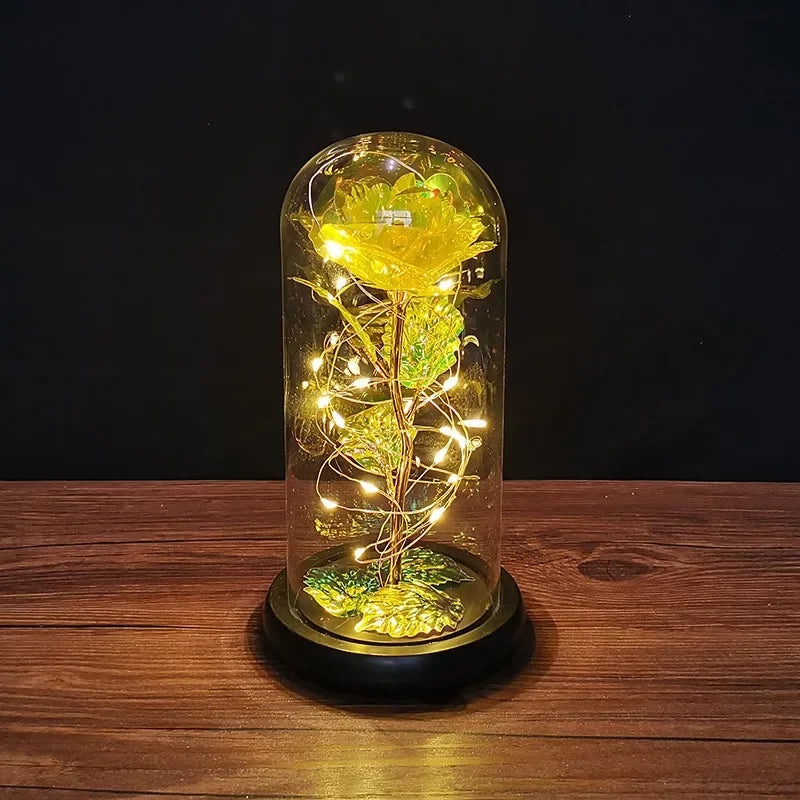 veilleuse led rose artificielle cloche verre éclairage couleur variée base noire