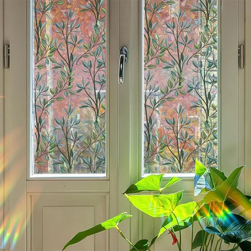 film décoratif fenêtre feuilles vertes moderne protection uv isolation thermique adhésif auto collant versatile