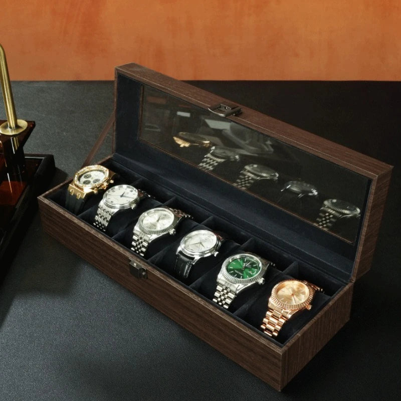 boîte montres bois foncé élégante fenêtres verre transparentes coussins boutons fermeture.storage.display.watch.jewelry.home