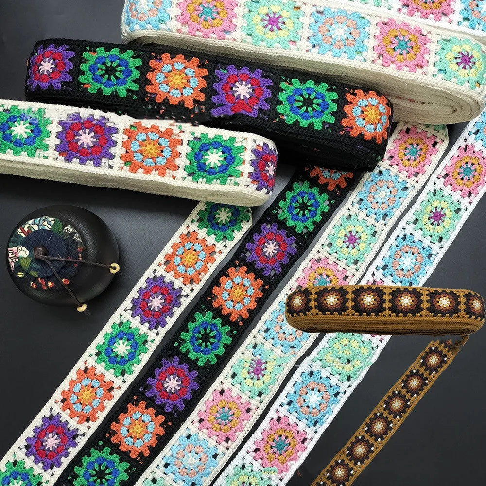 ruban crochet multicolore motif géométrique fleurs artisanal 20cm décoration mariage fournitures couture