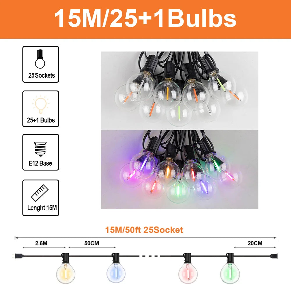 guirlande lumineuse extérieure globes multicolores transparents vintage 10m 15m 20m led rgb imperméable