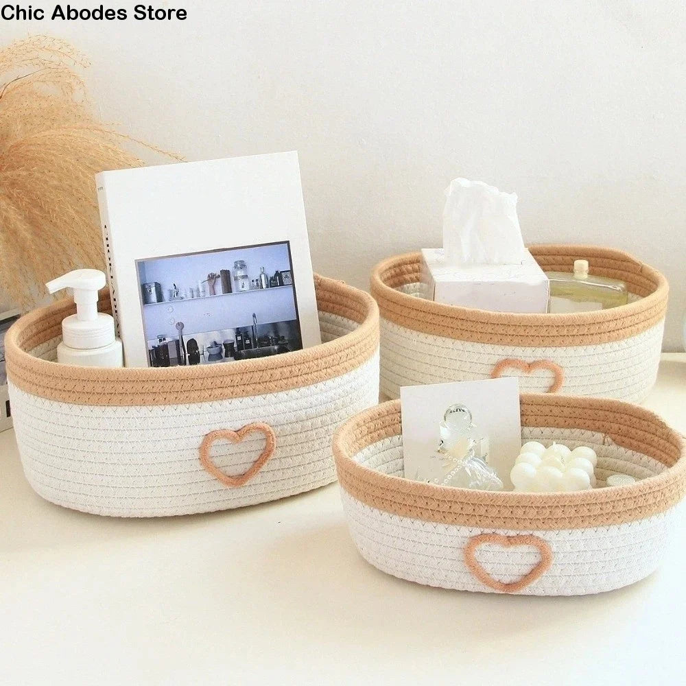 panier rangement corde coton tressée motif coeur blanc beige nordique