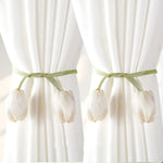 rideau accessoire tulipes fleur vert clair rose pâle violet bleu moderne décoratif fixations invisibles