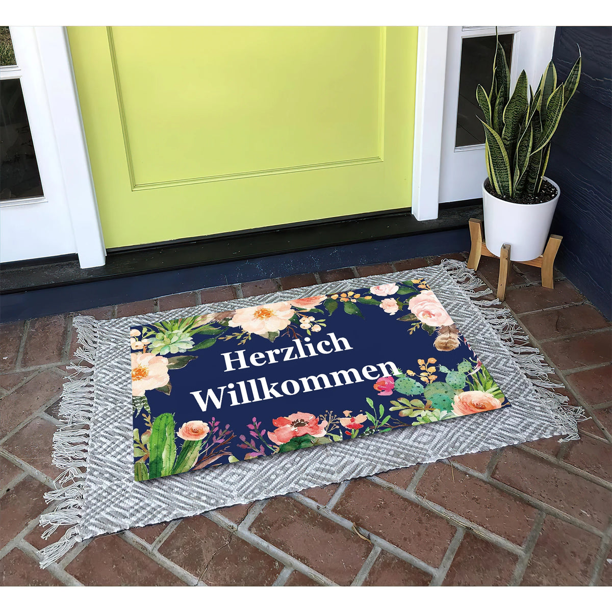 tapis bienvenue fleurs cactus vert bleu marine moderne antidérapant extérieur intérieur porche