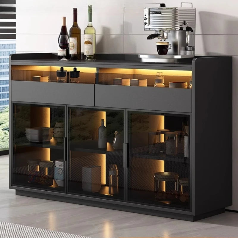 meuble cuisine moderne noir porte vitrée rangement contemporain éclairage intégré bouteilles vin machine