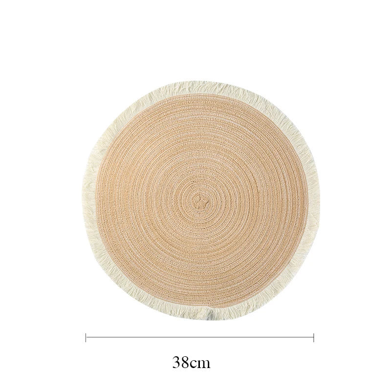 tapis table rond franges tissées beige blanc moderne respectueux environnement