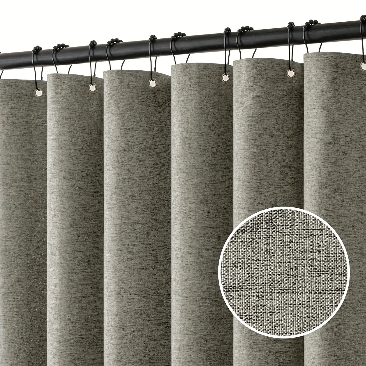 rideau douche moderne faux lin texturé beige clair gris foncé ajustable anneaux métalliques machine