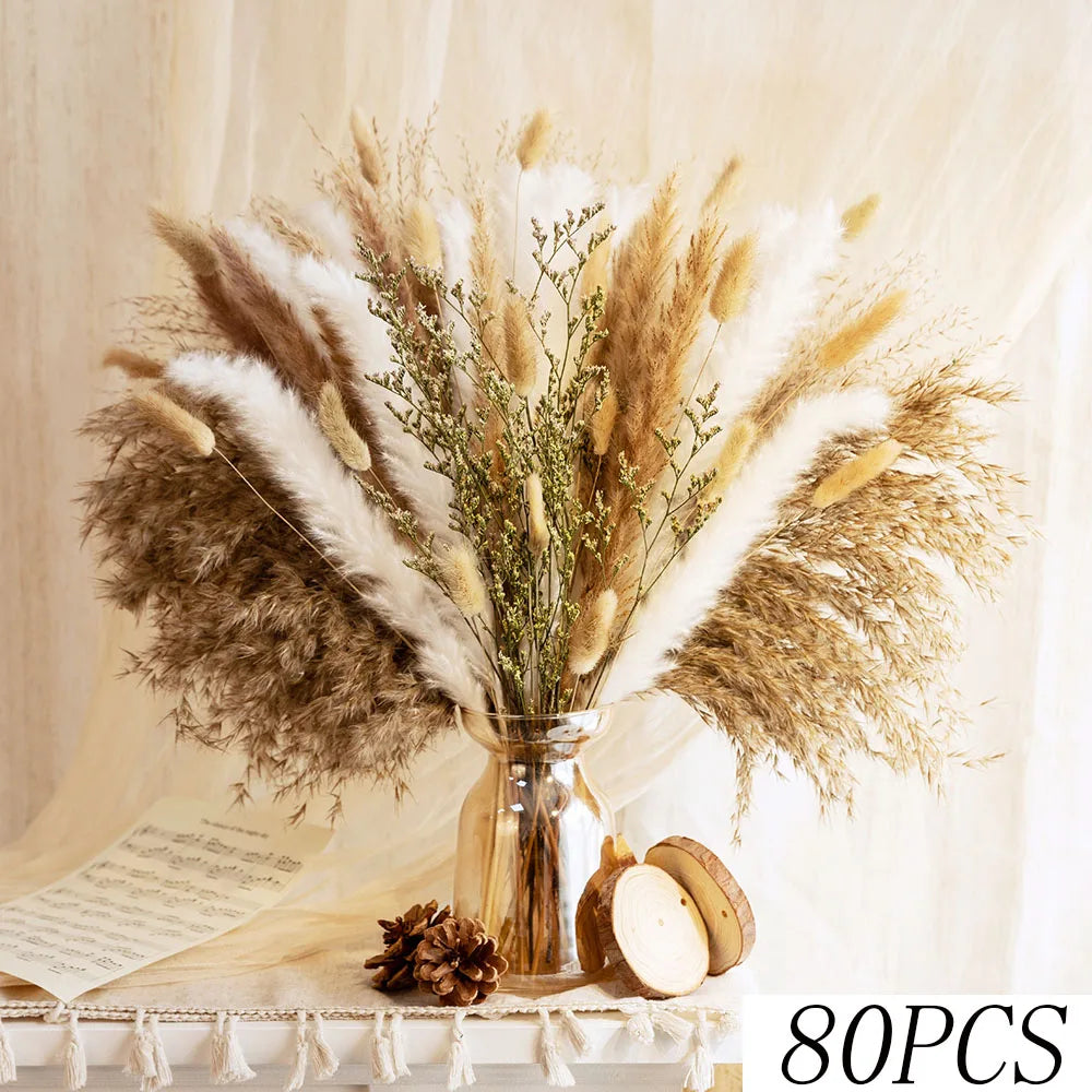 décoration boho bouquet fleurs séchées pampas naturel beige blanc vase maison anniversaire