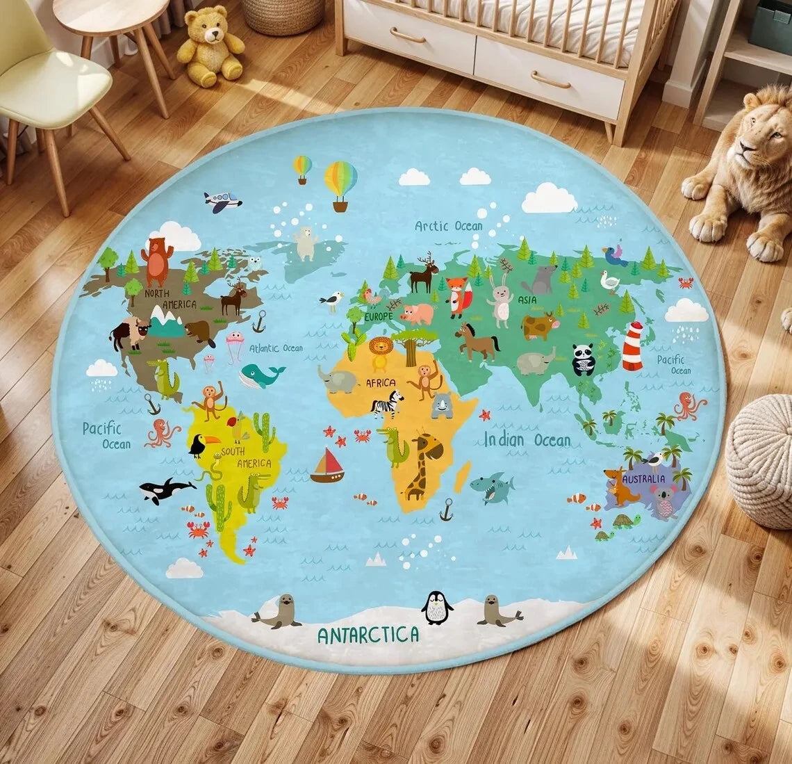 tapis rond moderne carte monde animaux motifs floraux bébé salon 80x80cm 120x120cm polyester
