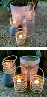 lanternes décoratives bohèmes bambou poignées bougies allumées rustique tropical herbes folles feuilles d'automne