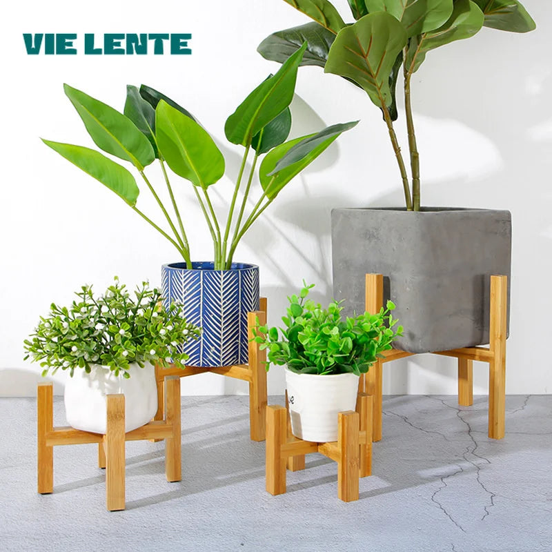 support plante bois naturel moderne minimaliste pots géométriques différentes couleurs