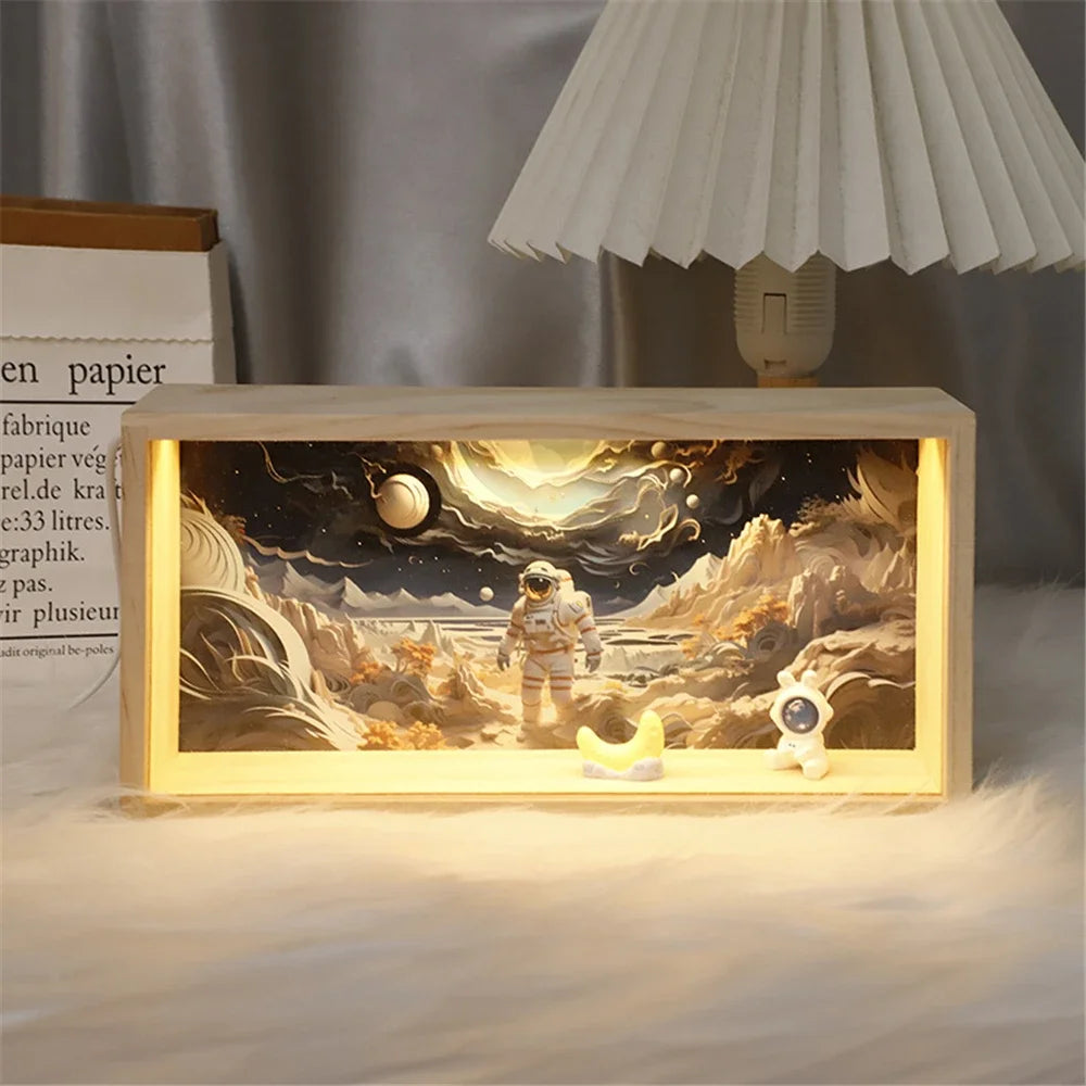 cadre photo bois moderne lumineux décoration mur astronaute blanc opalescent minimaliste