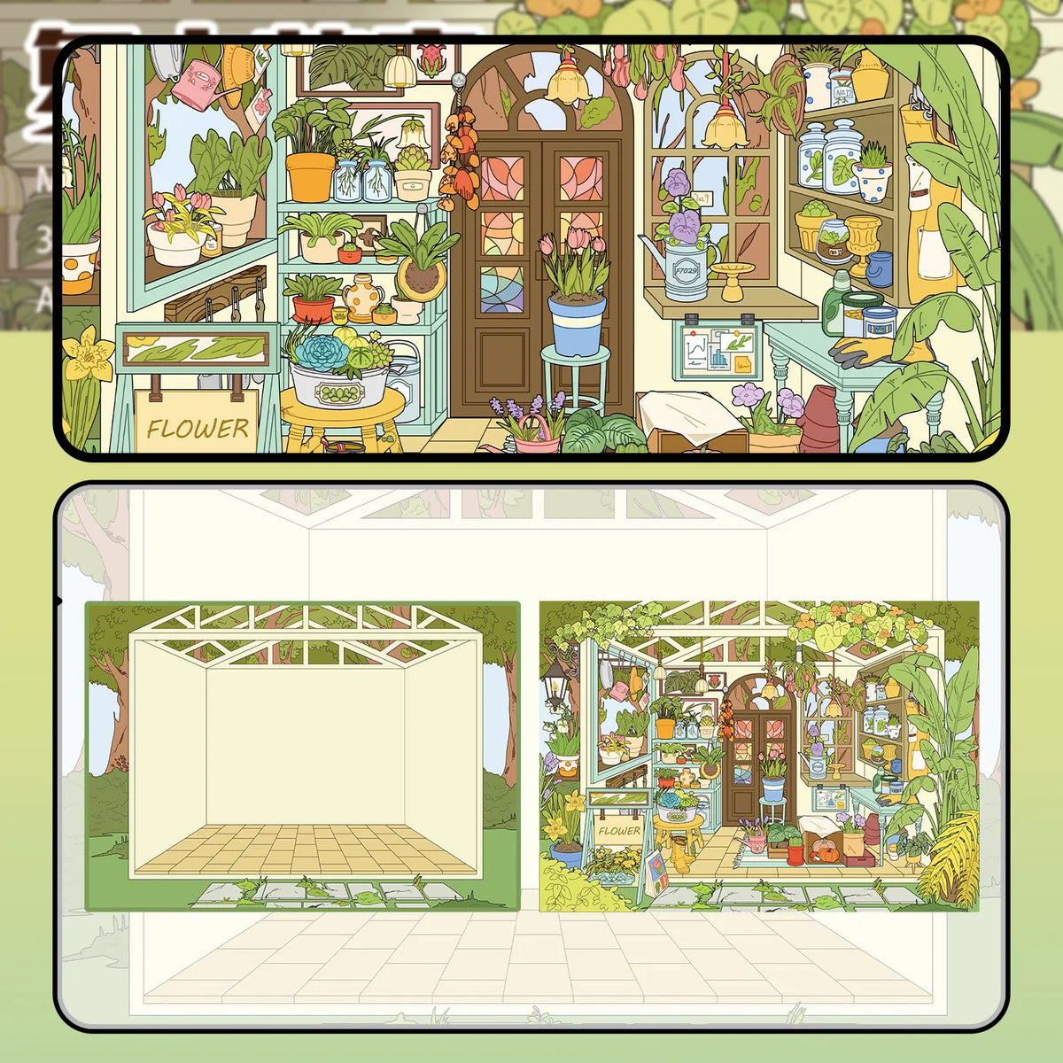 miniatures jardin scellées plantes meubles accessoires couleurs vert rouge bleu dessin animé opaques