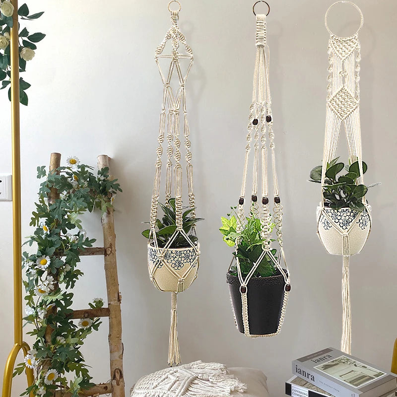 support plante suspendu macramé blanc boho artisanal anneau métallique pot plante