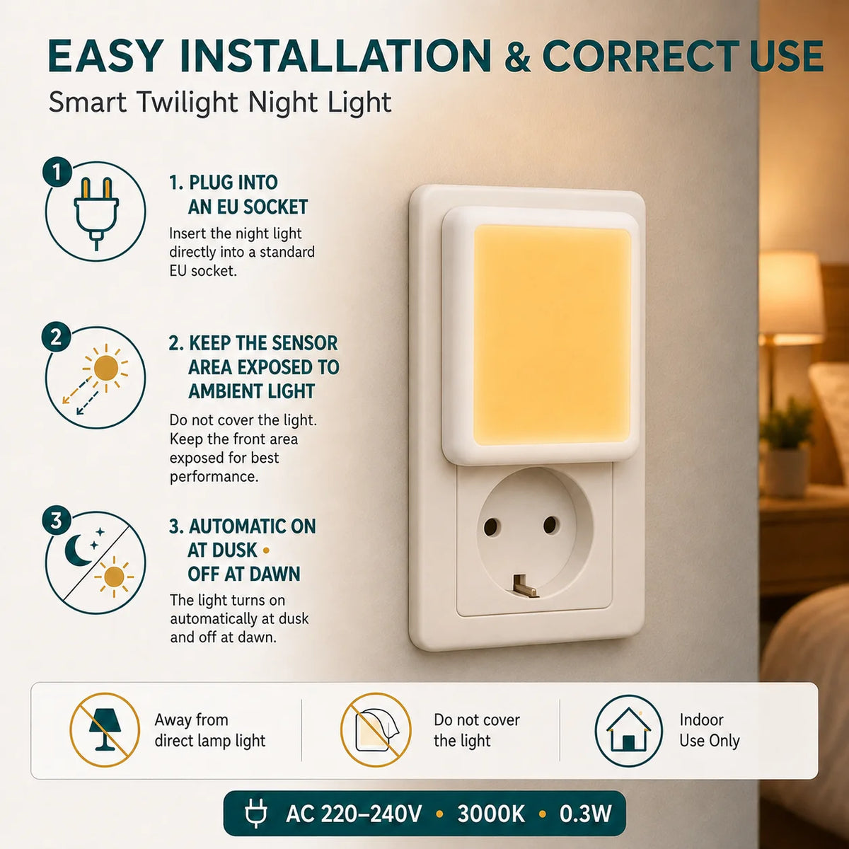 veilleuse nuit blanc moderne prise murale flux lumineux faible certification ul vde cqc rohs