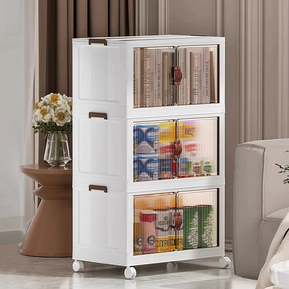 Boîte de rangement plastique 3 niveaux avec roulettes vue de face