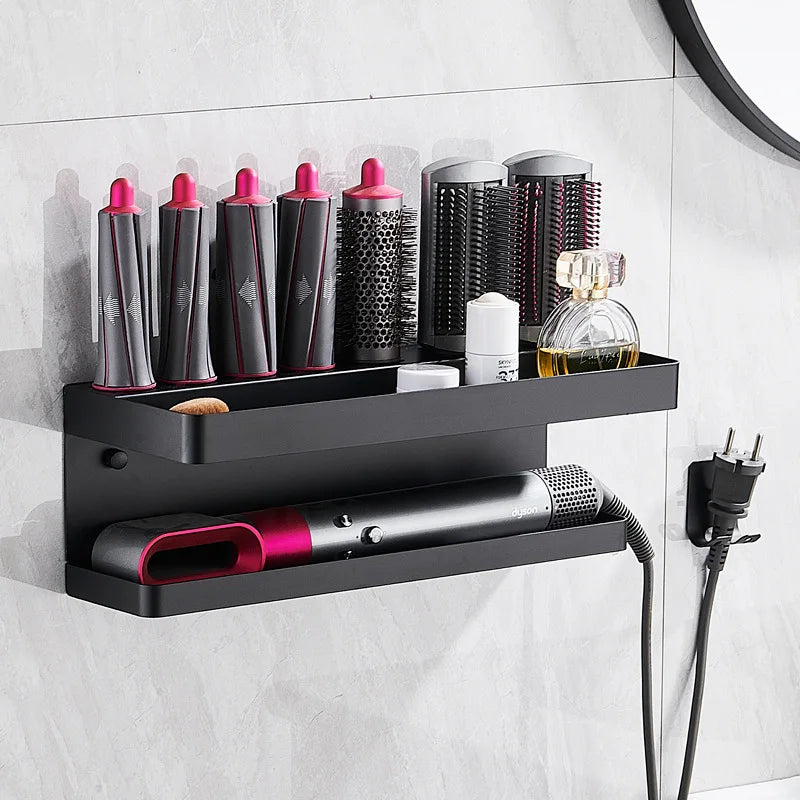 étagère mural moderne aluminium noir clips cheveux organisation salle bain cheveux brosse parfum