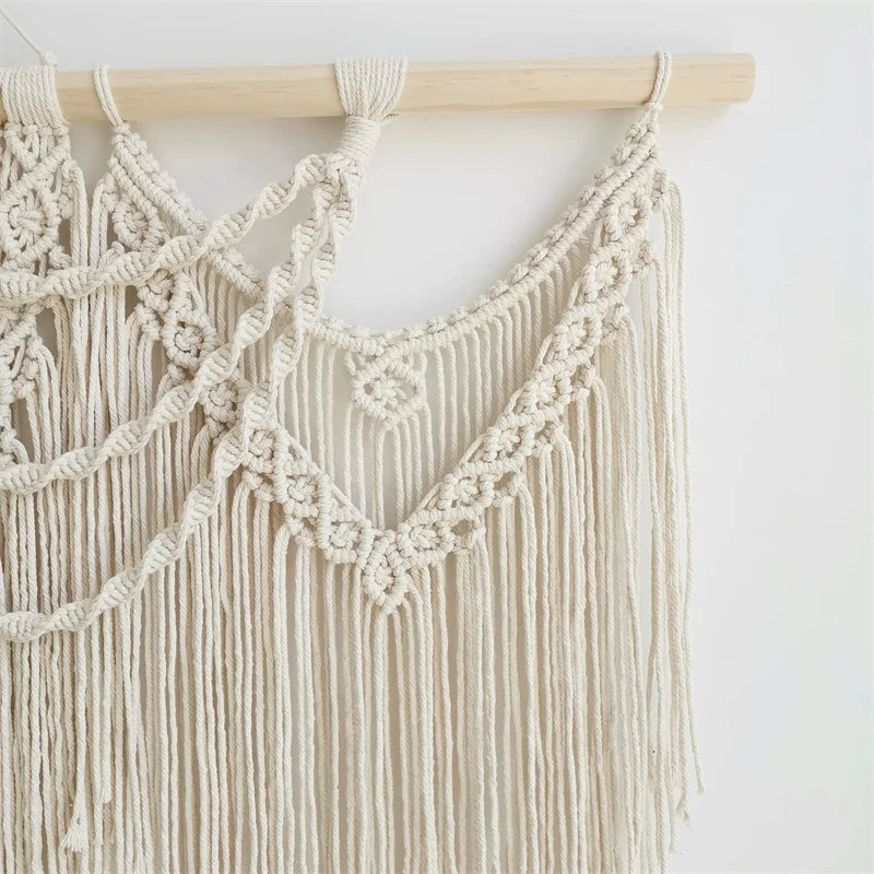 tapisserie macramé coton ovale motifs géométriques franges bohème bois opaque