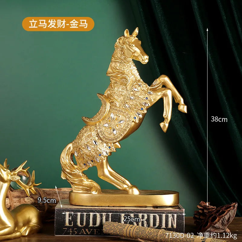 statuette cheval doré ornée strass classique deco intérieur argenté noir résine
