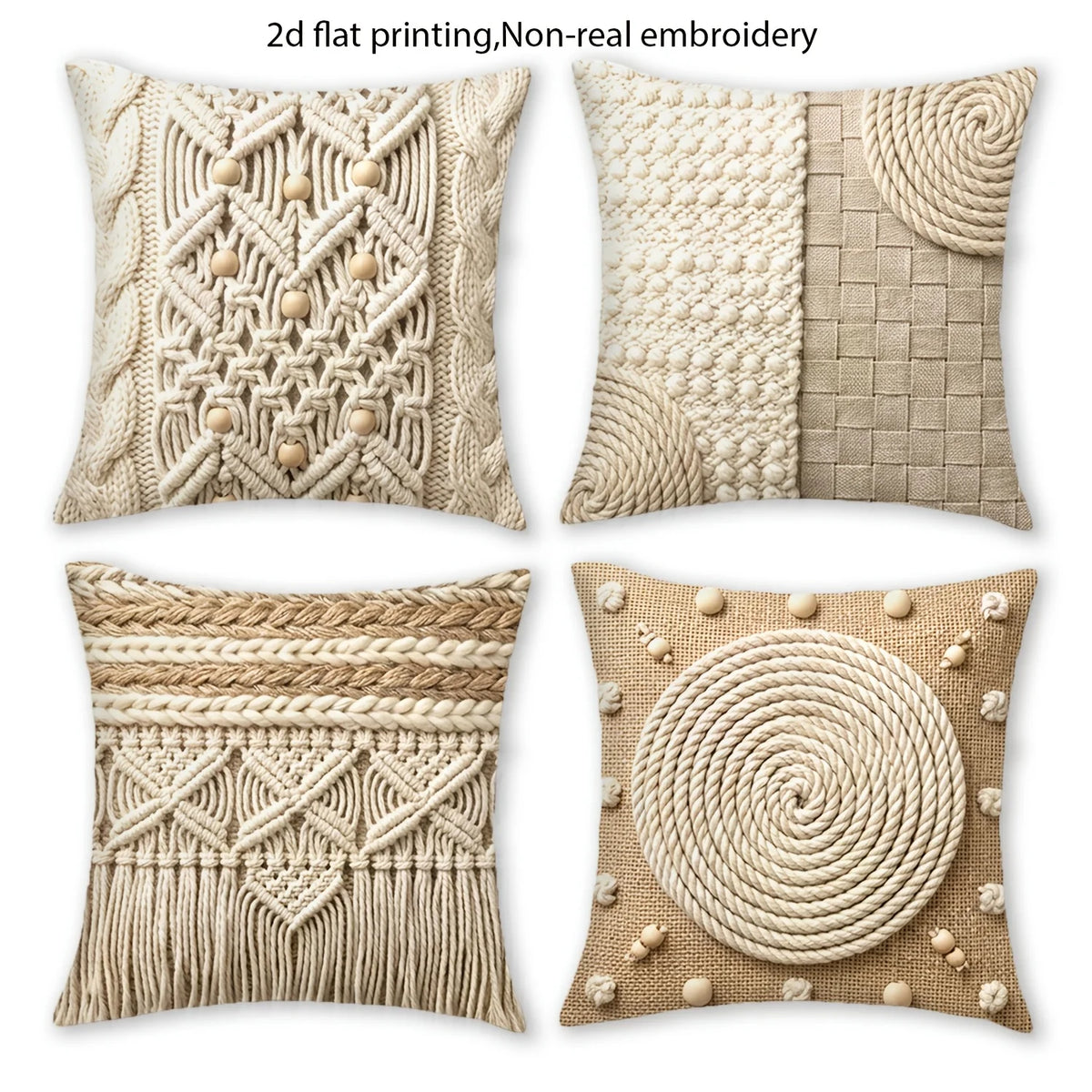 taies d'oreiller boho chic motifs macramé polyester peachskin beige pompons 40x40cm 45x45cm 50x50cm 60x60cm