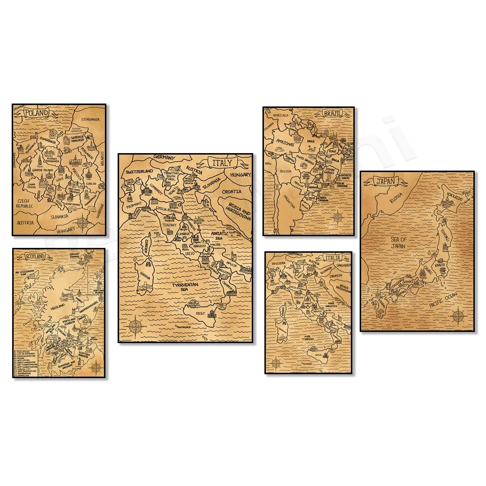 Ensemble de cartes anciennes dessinées à la main représentant différents pays et continents, avec des noms de villes, de régions et de mers.