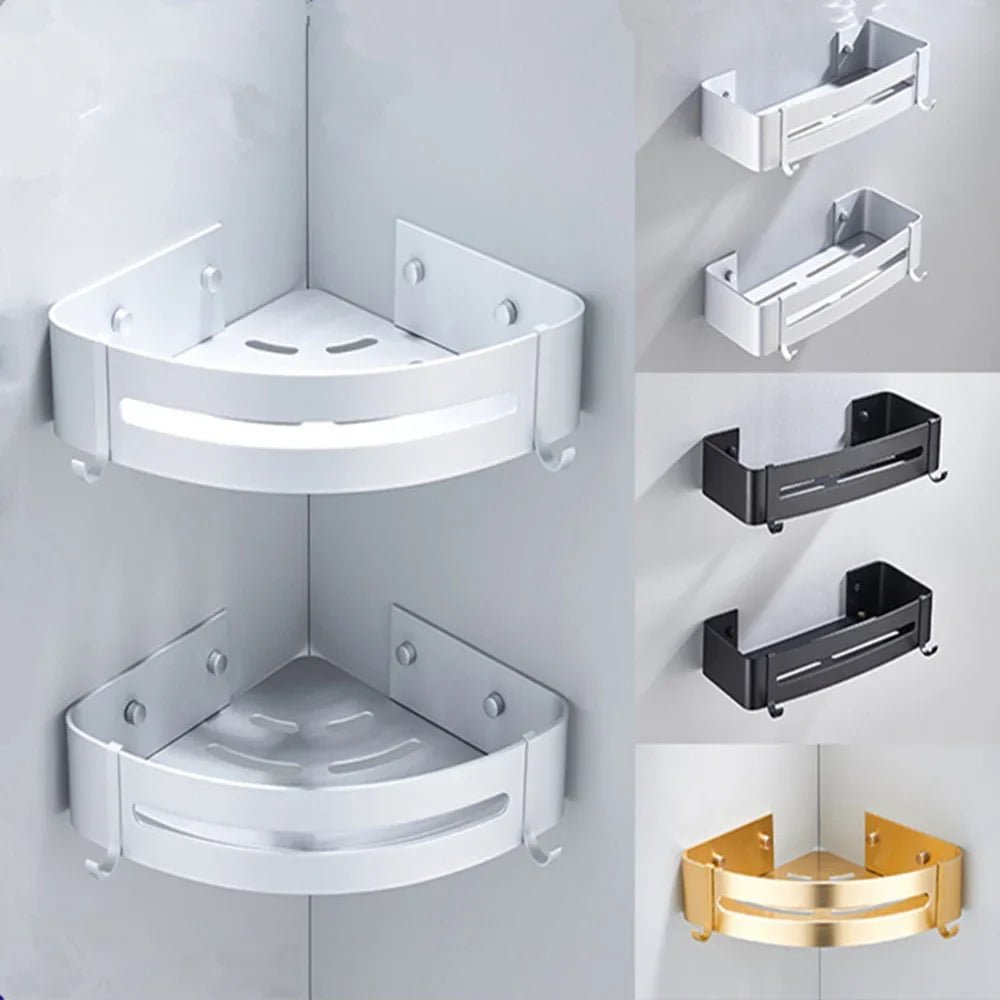 étagère angle moderne noire blanche or adhésive réutilisable salle bain douche trois niveaux fixations