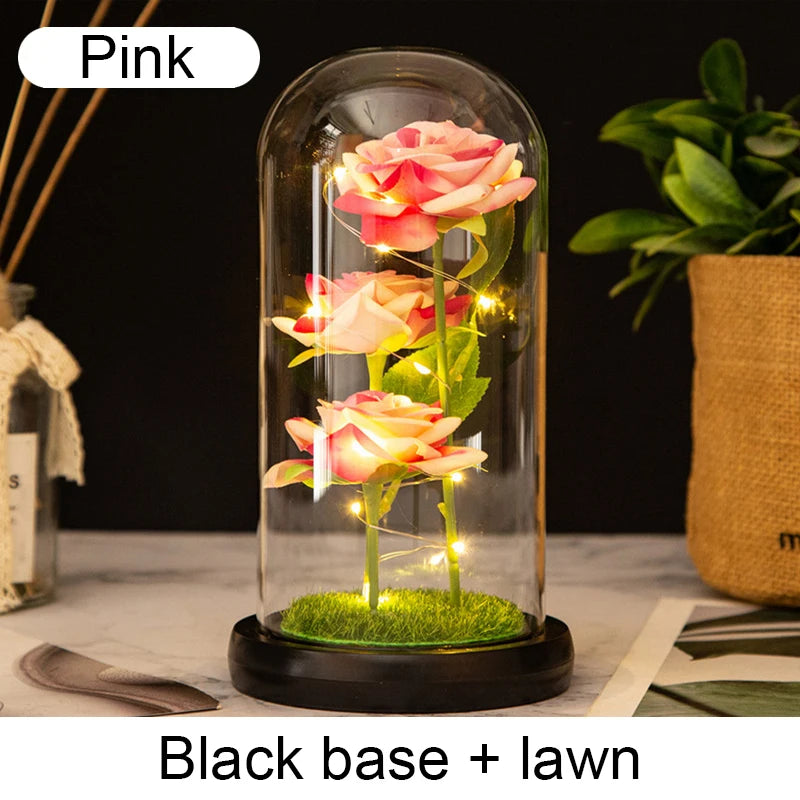 roses stabilisées bouquet guirlande lumineuse cloche verre décoration intérieure romantique anniversaire valentin engagement