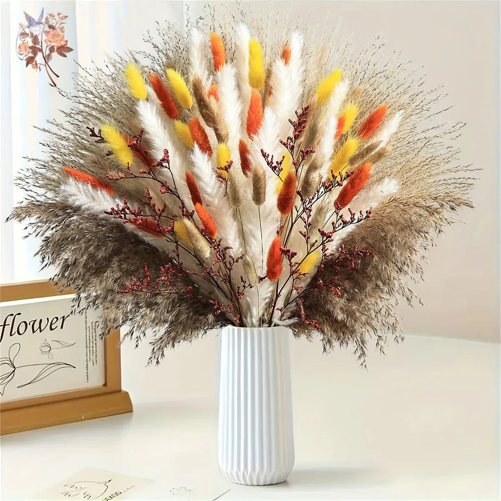 bouquet pampas séchés blanc beige orange rouge brun vase plateau osier decorations maison anniversaire
