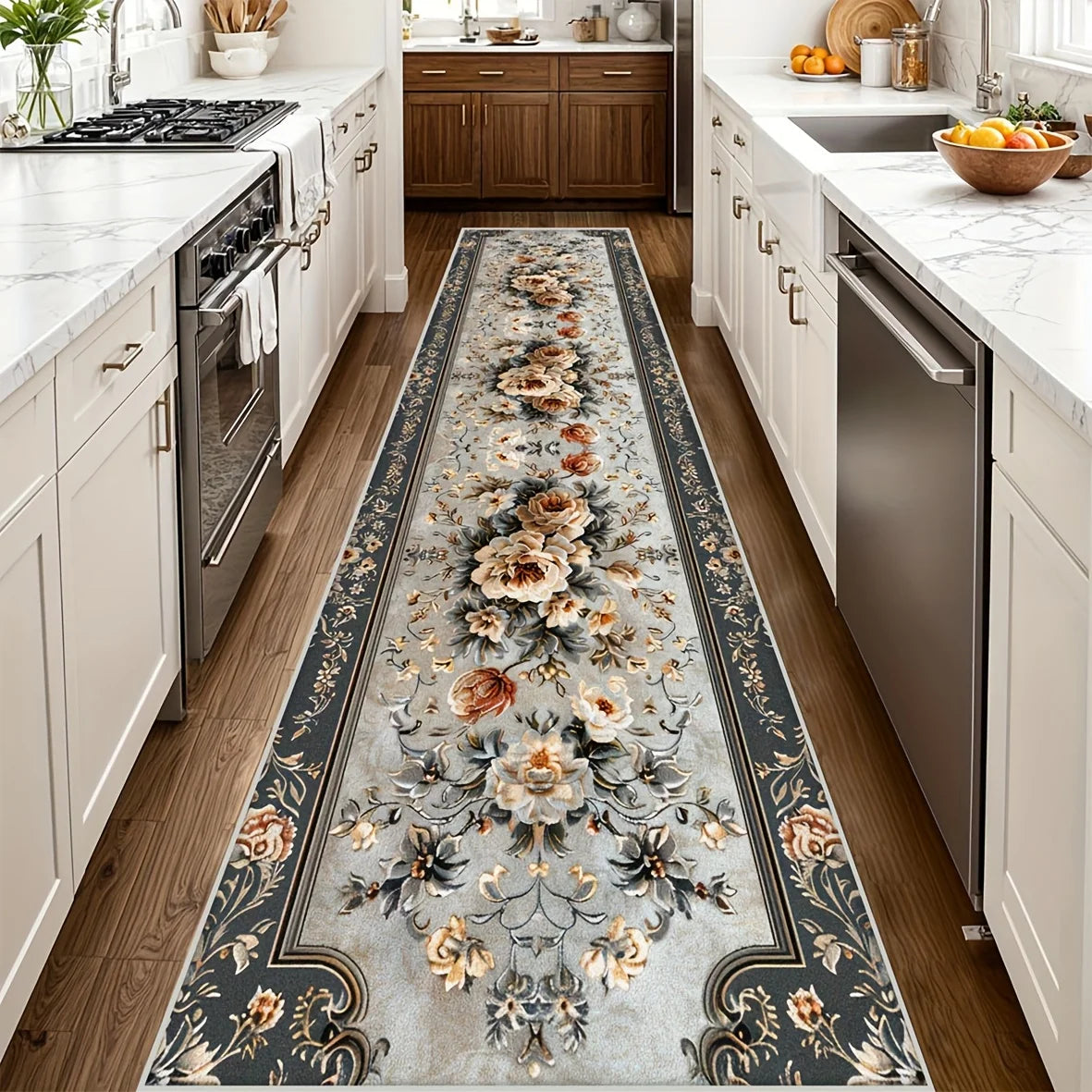 tapis floral velours gris clair bleu marine intérieur salon couloir résistant décoration adultes polyester