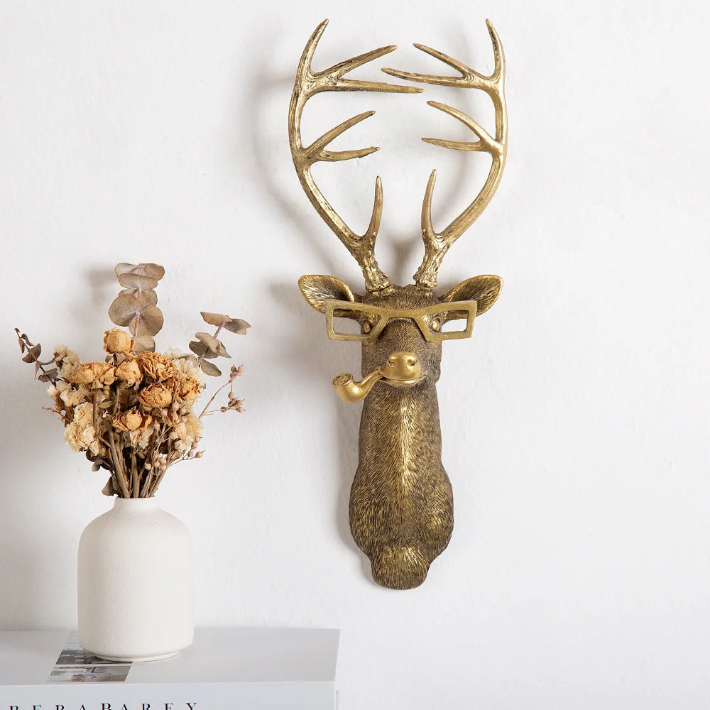 pendentif tête cerf doré résine décorative moderne fourrure chaîne accessoire mur fixations