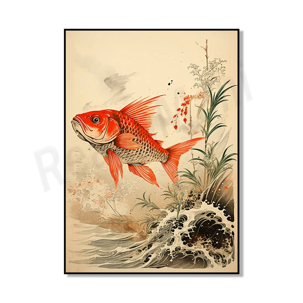 Une image magnifique mettant en scène un poisson rouge éclatant de couleur nageant dans un paysage aquatique abstrait et coloré, avec des fleurs et des vagues stylisées.