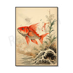 Une image magnifique mettant en scène un poisson rouge éclatant de couleur nageant dans un paysage aquatique abstrait et coloré, avec des fleurs et des vagues stylisées.