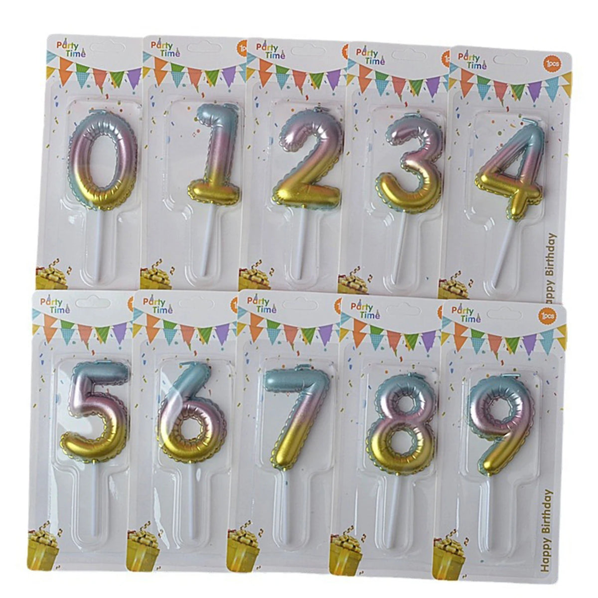 bougies forme chiffre anniversaire or argent bleu rose gradient moderne festives tringle