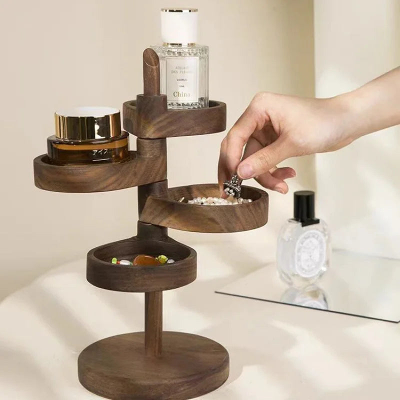 support bijoux rotatif bois naturel compartiments modernes minimaliste pince bijoux plante artificielle bouteille parfum