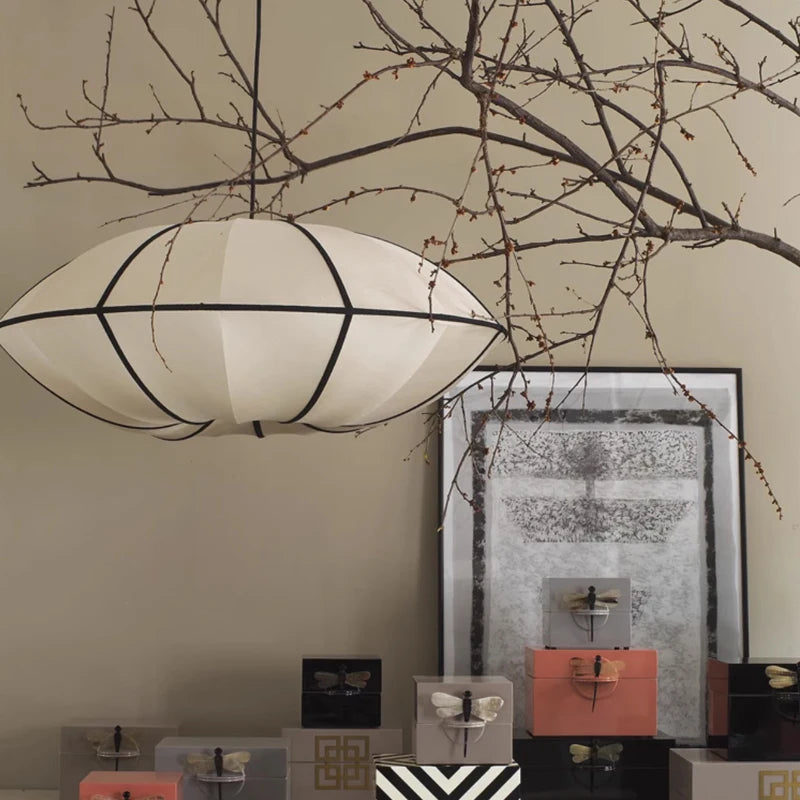 suspension lumineuse tissu géométrique blanc beige moderne opacité câble suspension fixe chambre salon