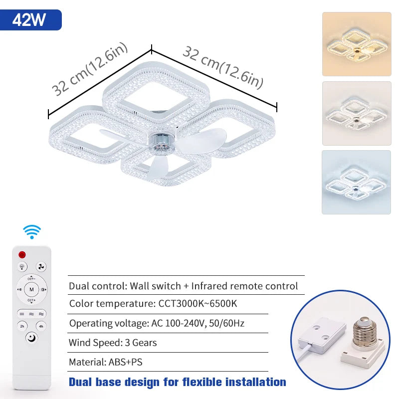 ventilateur plafonnier moderne blanc strass télécommande led vitesses minuterie lumières