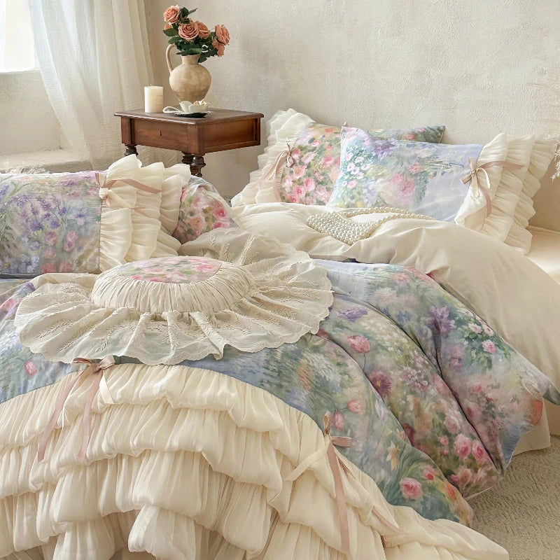 drap housse coton floral vintage romantique pastel 4pièces cœur beige clair