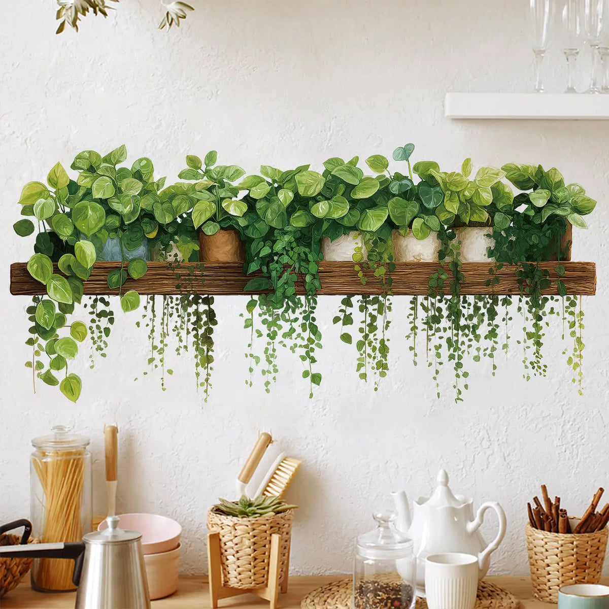 sticker mural plante artificielle feuilles vertes étagère bois moderne intérieur décoration vert 3d rustique