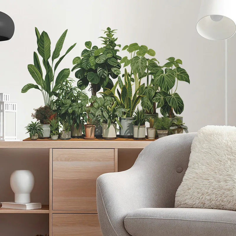 sticker mural plantes pots feuilles diverses moderne minimalisteintérieur décoration vert marron beige blanc