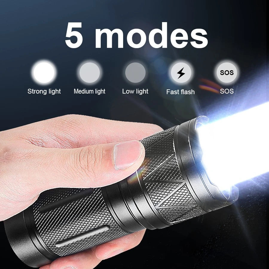 lampe torche noire led rechargeable zoom banque alimentation autodéfense indicateur charge résistante chocs camping
