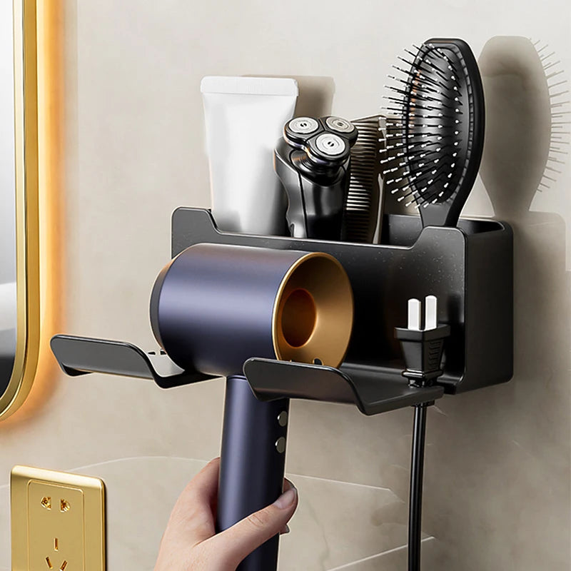 support mural sèche cheveux rotatif noir doré moderne étui brosse rasoir crème coiffeuse salon