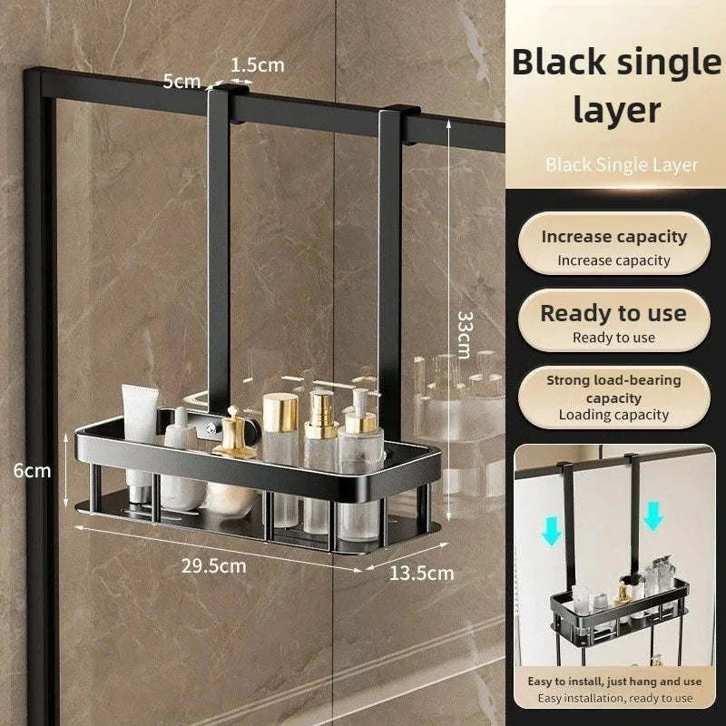 étagère salle bain suspendue porte panier douche double couche organisateur acier noir moderne fixations