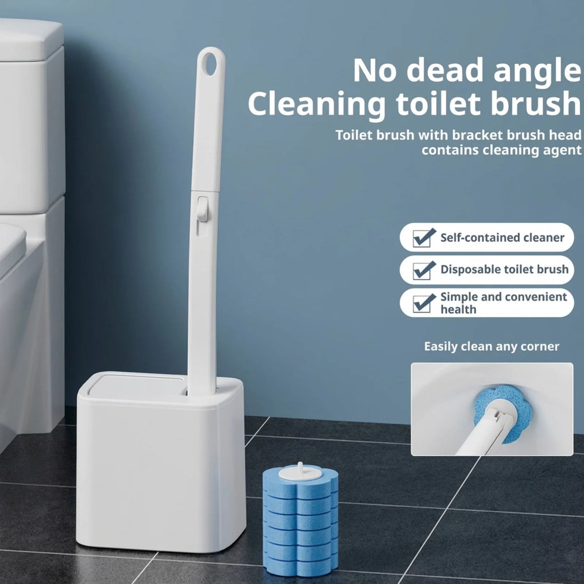 brosse wc douce silicone longue poils blanc bleu moderne pratique fixe adhésif boite rangement