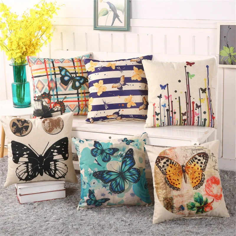 housse coussin animaux dessin animé coton lin maison multicolore papillon chat chien 45x45cm vintage