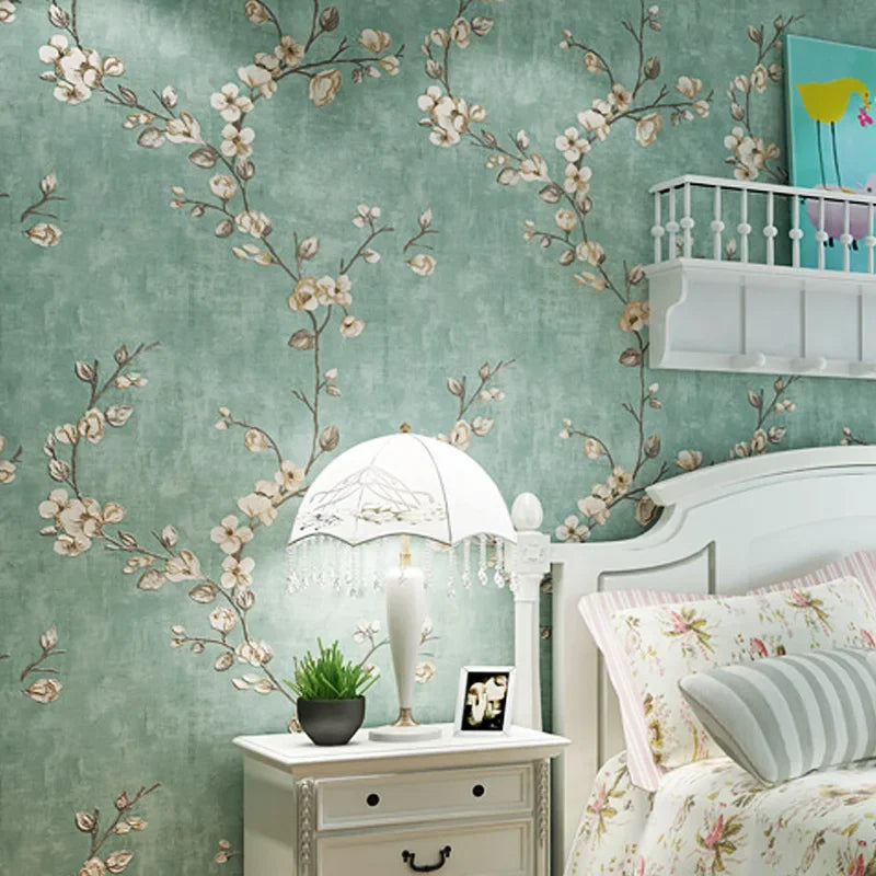 papier peint floral tissu relief beige vert rose chambre salon vintage shabby chic