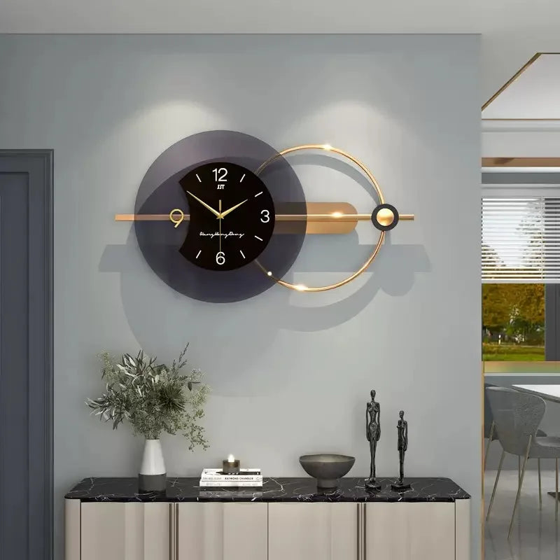 horloge murale moderne noir gris doré cercles superposés contemporaine sans fixation salon decoration