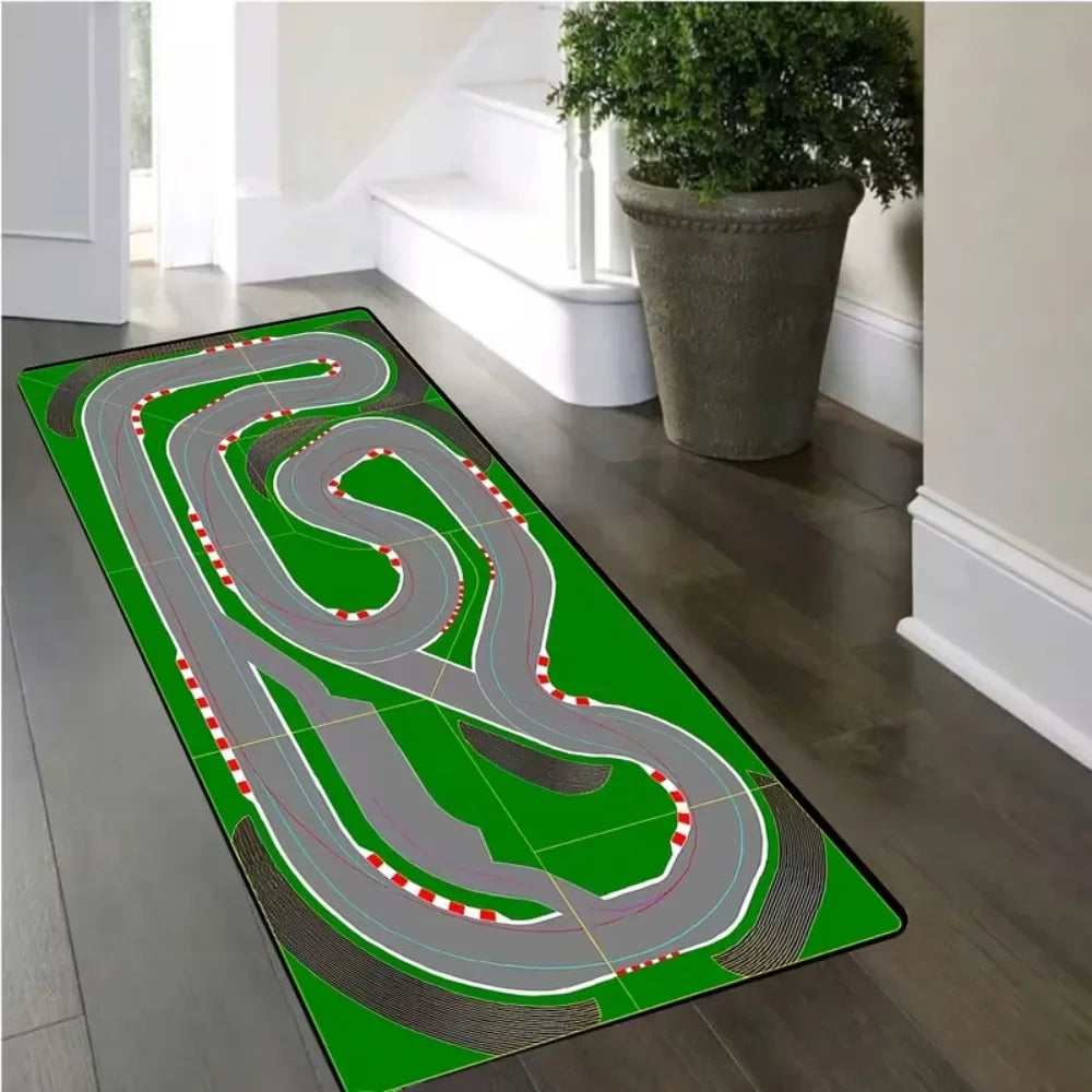 tapis sol vert gris moderne route course bordures rouges blanches salon chambre