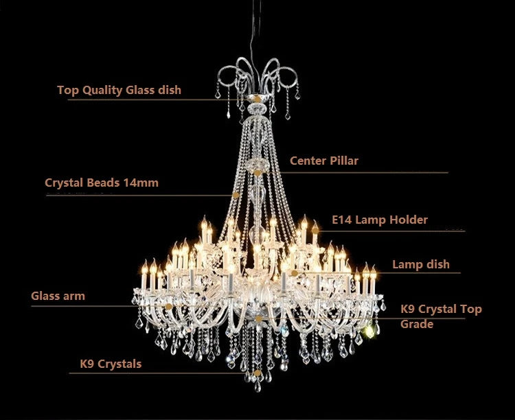 lustre cristal transparent classique 10 lumières baroque salon decoration chrome poli câbles fixation