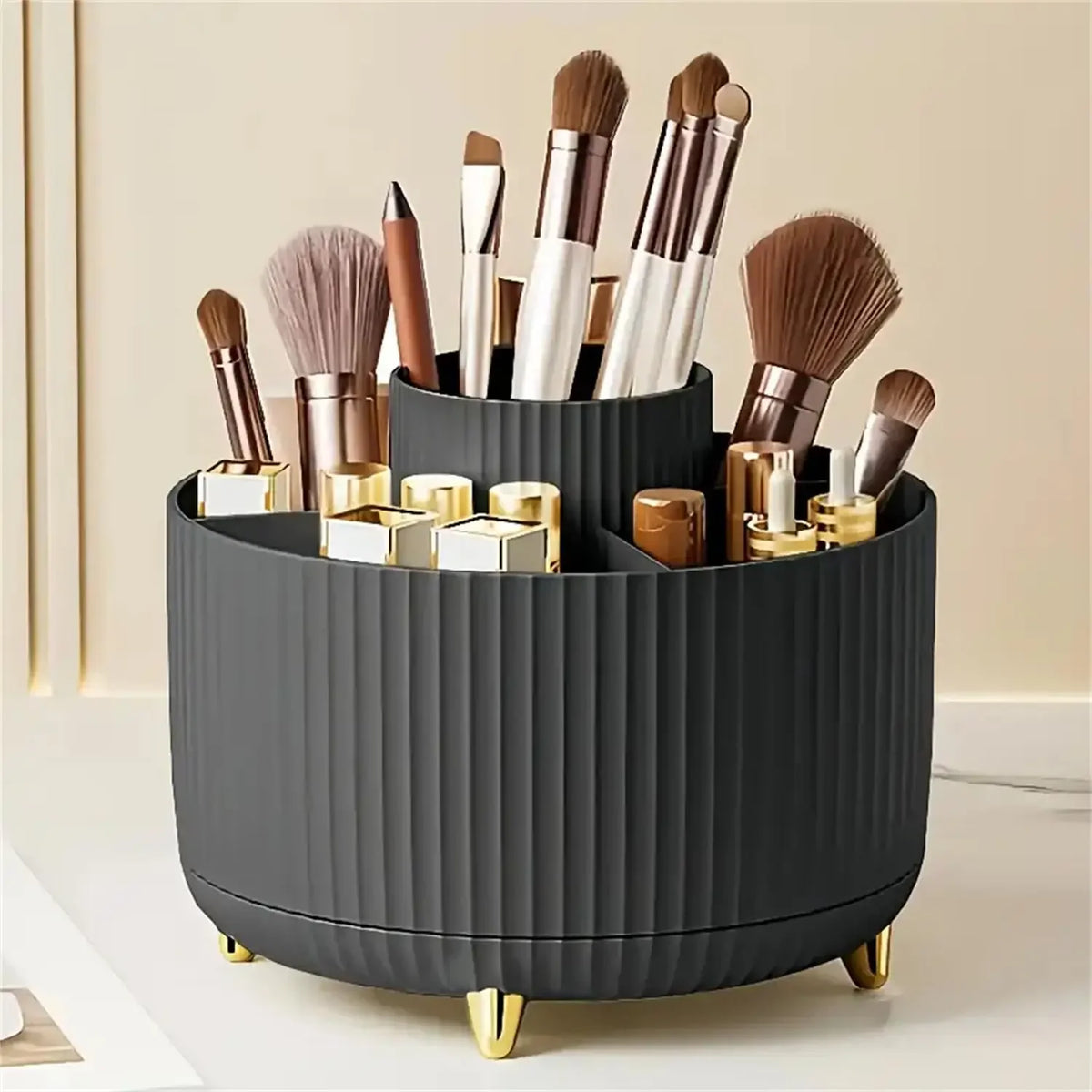 organisateur maquillage rotatif blanc rayures modernes pieds dorés pinceaux crayons stylos scies
